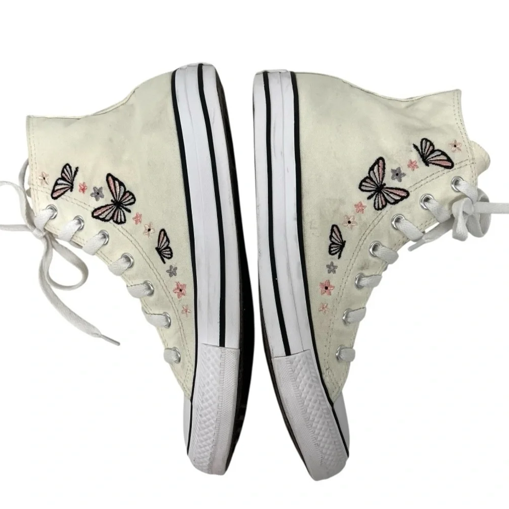 Converse Kids High Top Boots in Cream with Black and Pink Butterfly Embroidery